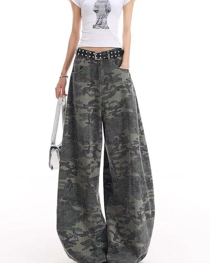 Julia Camo Rhinestone Wide-Leg Pants