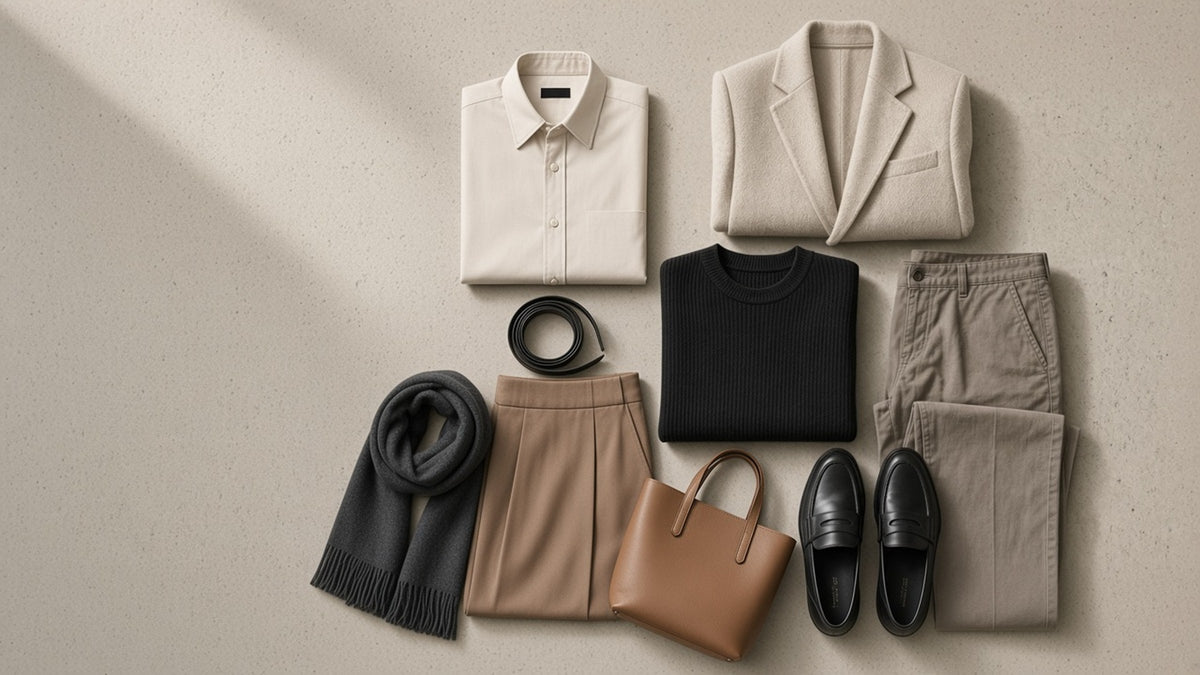 Flat lay of a blazer, knit, shirt, trousers, skirt, loafers, and a bag