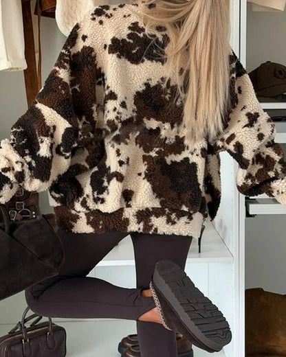 Marta Cow Print Fleece Zip Jacket
