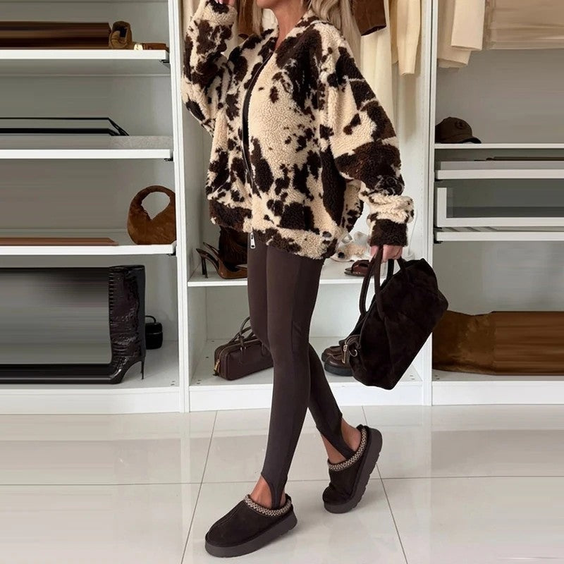 Marta Cow Print Fleece Zip Jacket