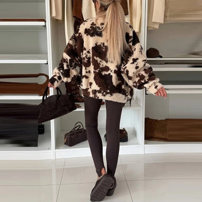 Marta Cow Print Fleece Zip Jacket
