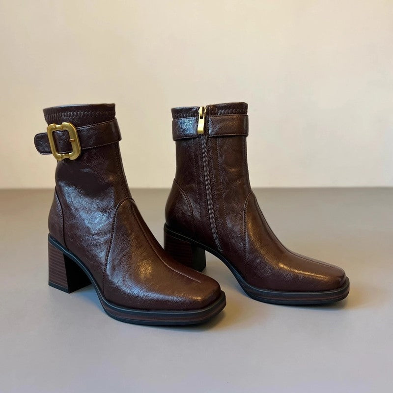 Mona Block Heel Buckle Ankle Boots