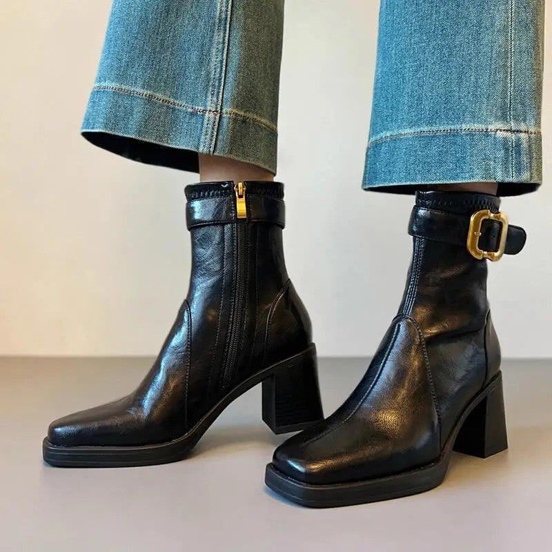 Mona Block Heel Buckle Ankle Boots