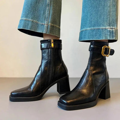 Mona Block Heel Buckle Ankle Boots