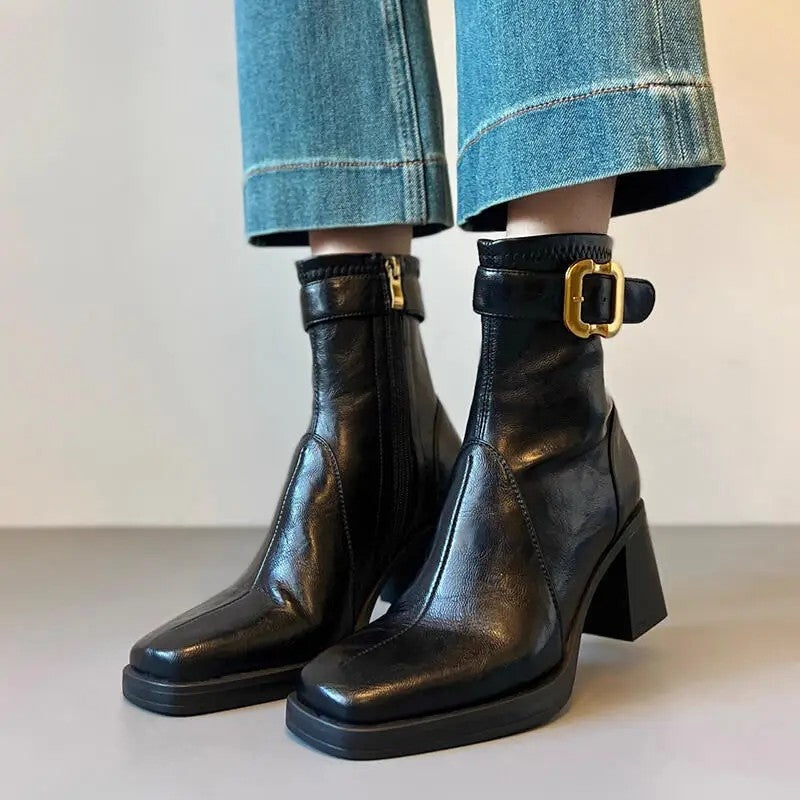 Mona Block Heel Buckle Ankle Boots