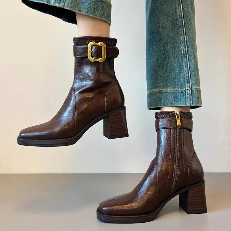 Mona Block Heel Buckle Ankle Boots
