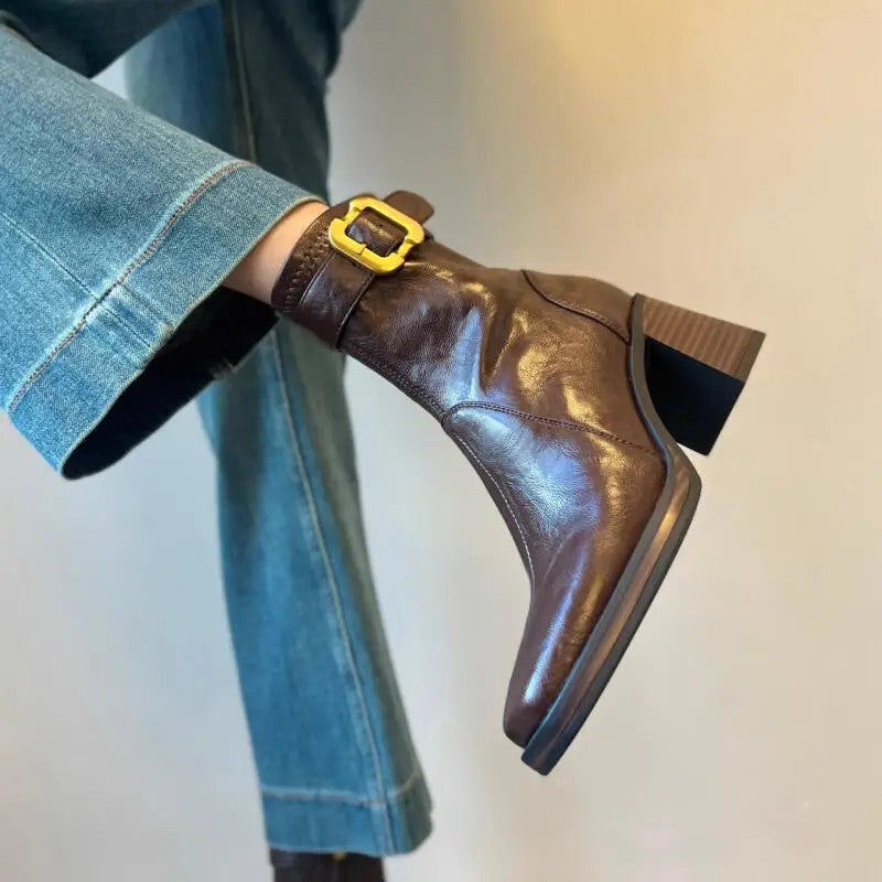 Mona Block Heel Buckle Ankle Boots