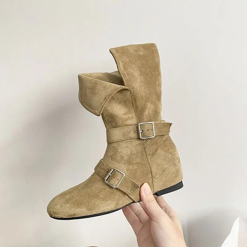 Nina Suede Buckle Slouch Ankle Boots
