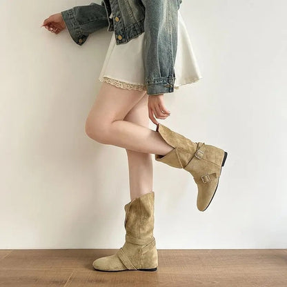 Nina Suede Buckle Slouch Ankle Boots
