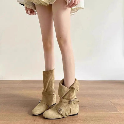 Nina Suede Buckle Slouch Ankle Boots