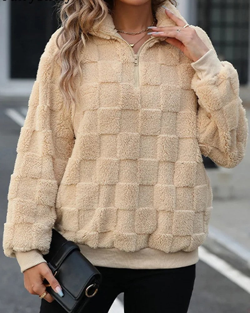 Olivia Textured Fleece Check Quarter-Zip Pullover