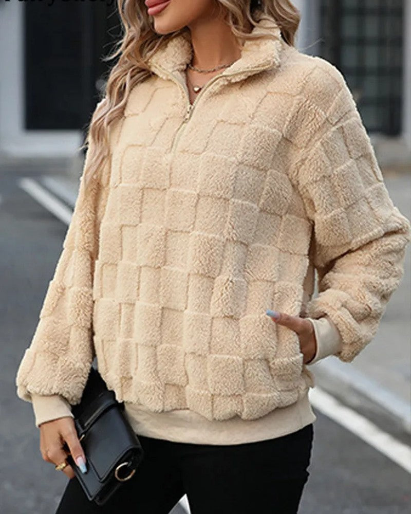 Olivia Textured Fleece Check Quarter-Zip Pullover