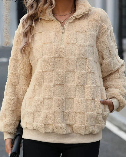 Olivia Textured Fleece Check Quarter-Zip Pullover
