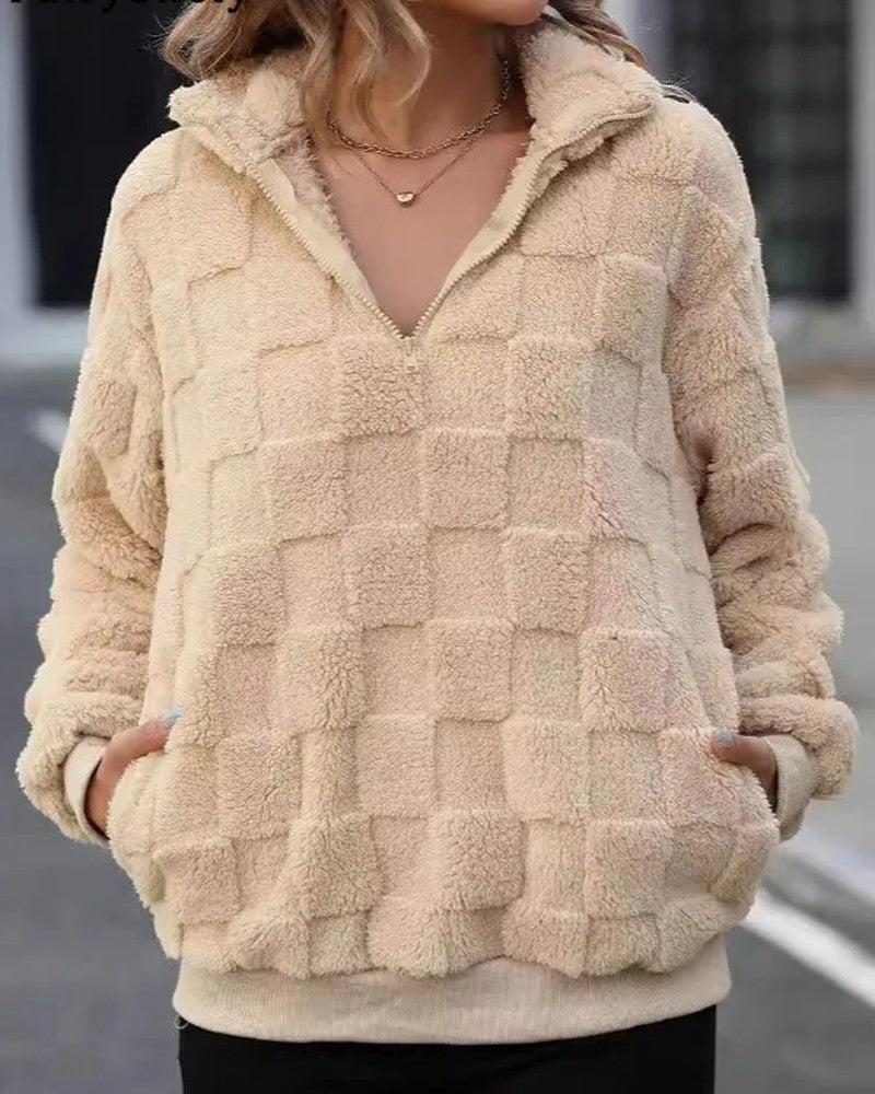 Olivia Textured Fleece Check Quarter-Zip Pullover