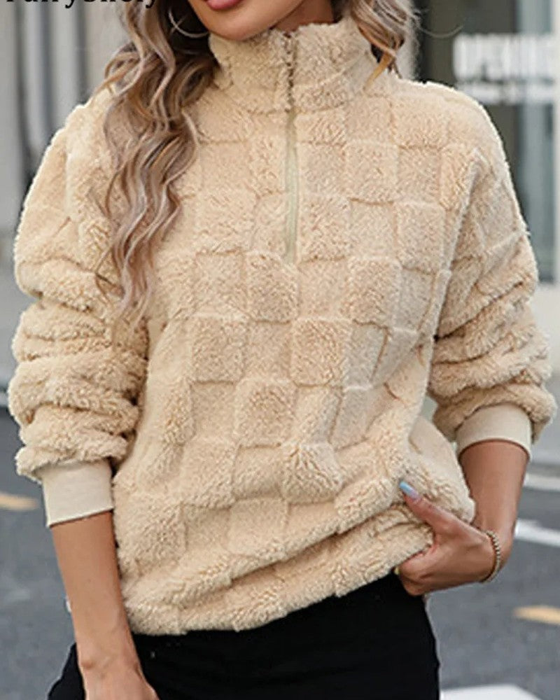 Olivia Textured Fleece Check Quarter-Zip Pullover