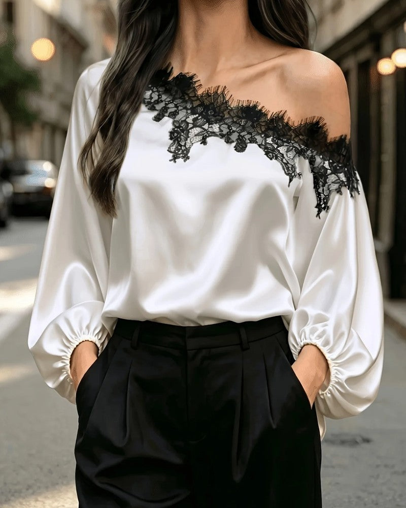 Sarah Off-Shoulder Lace Trim Satin Blouse