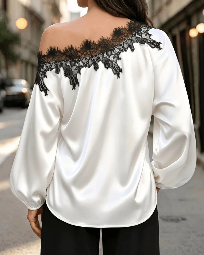 Sarah Off-Shoulder Lace Trim Satin Blouse