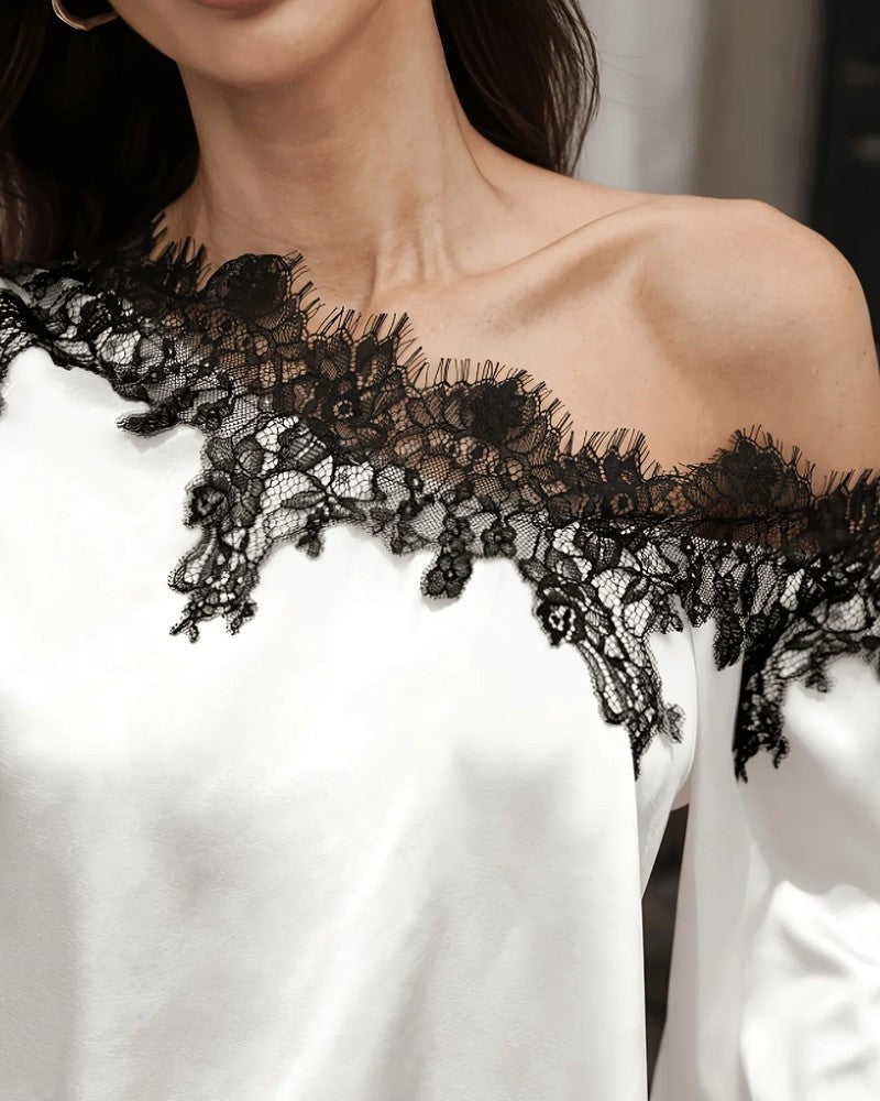 Sarah Off-Shoulder Lace Trim Satin Blouse