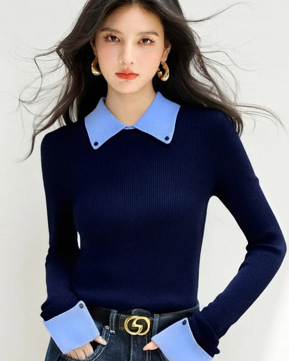 Vanessa Contrast Collar Ribbed Knit Top
