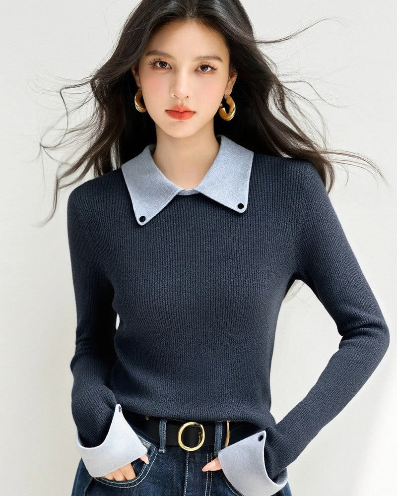 Vanessa Contrast Collar Ribbed Knit Top
