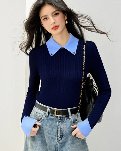 Vanessa Contrast Collar Ribbed Knit Top